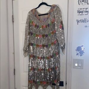 Silver Sequin Dress with Multicolor Accents